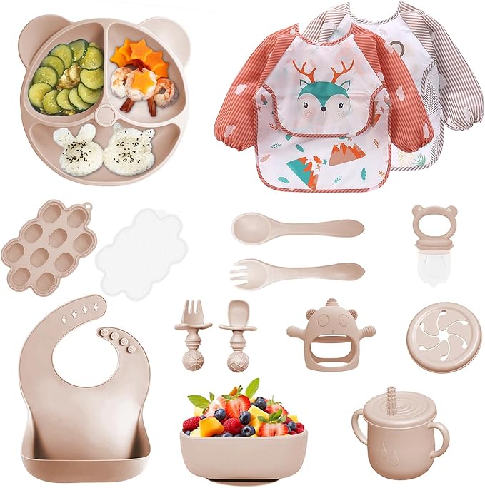 Silicone Baby Feeding Set, 14 Pcs Baby Led Weaning Supplies, Baby Spoons & Forks Suction Bowl Divided Plate Bib Cup, First Stage Solid Food Eating Utensils - 6+ Months (Beige)