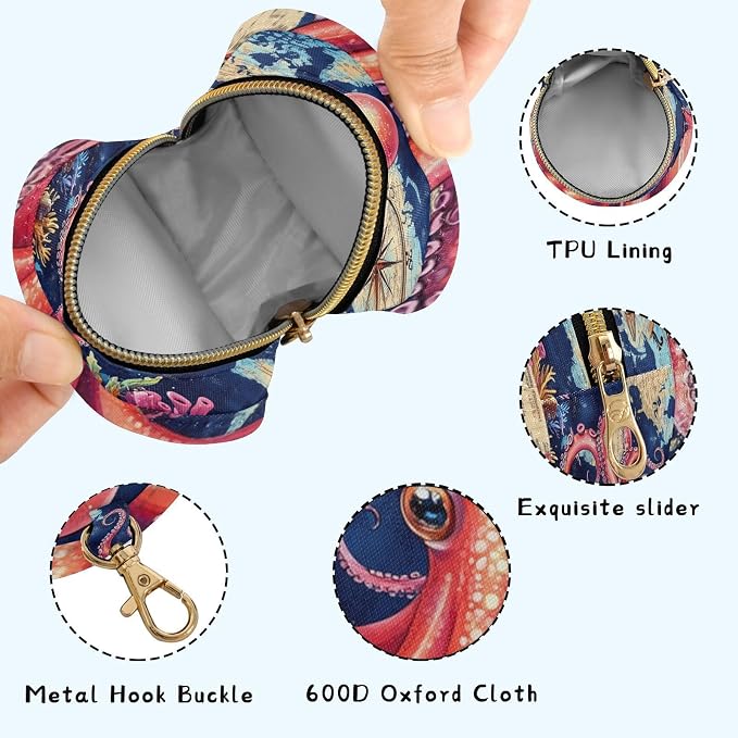 Pacifier Holder with Clip Pacifier Case for Diaper Bag Round Baby Pacifier Pouch Box Bag Portable Blue World Map and Octopus