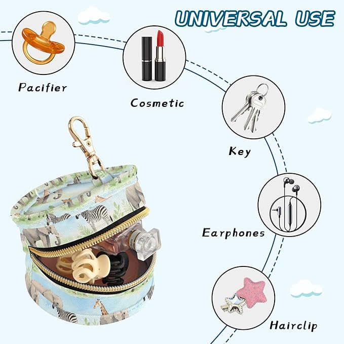 Baby Pacifier Case with Clip, Safari Animal Pattern Portable Pacifier Holder, TPU Lined Dust-Proof Storage Pouch for Diaper Bag and Stroller