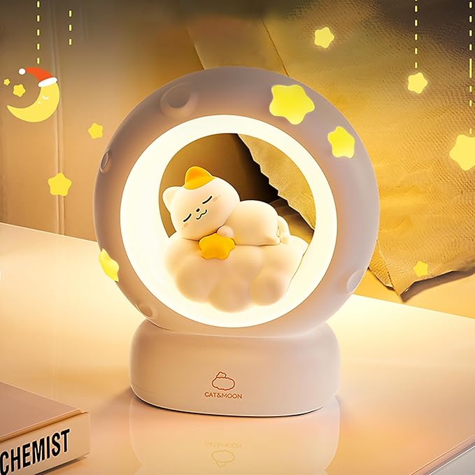 Space Kitty LED Night Light for Kids, Nursery Night Light Rechargeable Table Lamp with Touch Sensor, Animal Kitty Bedside Decor Lamp with Dimmable for Gifts for Girls Baby Cat Lovers (Cat)