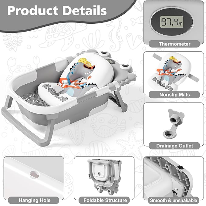 Collapsible Baby Bathtub for Newborns with Thermometer and Soft Floating Cushion Portable and Foldable Travel Baby Boy Bath Tub for Infants to Toddler 0-36 Month (Grey)