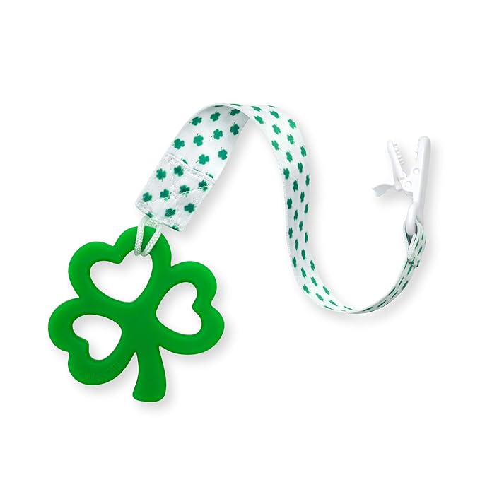 Clover Child Irish Baby Teething Toy - Shamrock Clover Teether & Pacifier Clip- Multi Textured, Soft, BPA Free Silicone