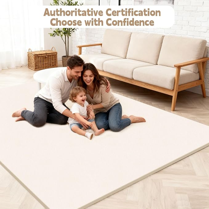 Baby Play Mat for Floor, 74"×50" Playpen Mat, 1.3" Thick Elasti-Foam, Non-Slip Crawling Mat for Tummy Time, Waterproof & Wipe-Clean Playmat for Toddler,Infant, Kids (Beige)