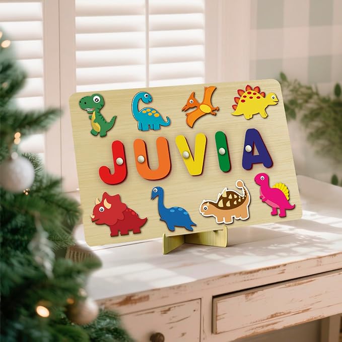 Custom Name Puzzles for Toddlers 1-3 - Name Puzzle for Kids, Personalized Wooden Animal Puzzle, Baby Gifts, Baby Shower, Christmas, Newbaby Gift, Gifts for 1 2 3 Years Old (Dinosaur-01)