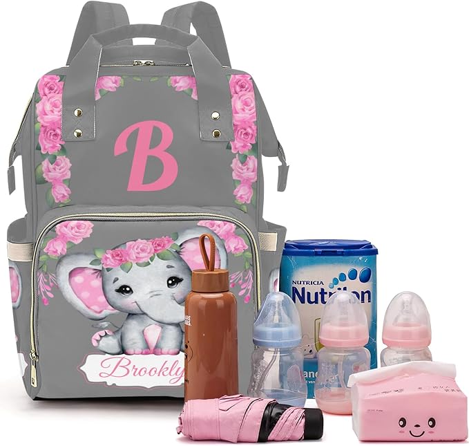 Custom Diaper Bag with Name Personalized Multifunctional Mommy Backpack for Daughter Granddaughter, Grey Daypack Bag for Travel