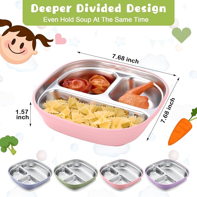 Geiserailie Square Stainless Steel Toddler Plates with Suction – 7.68” Divided Plates with Removable BPA-Free Silicone Sleeves, Unbreakable Baby Feeding Dishes Set of 4 (Pink,Green,Purple,Blue)