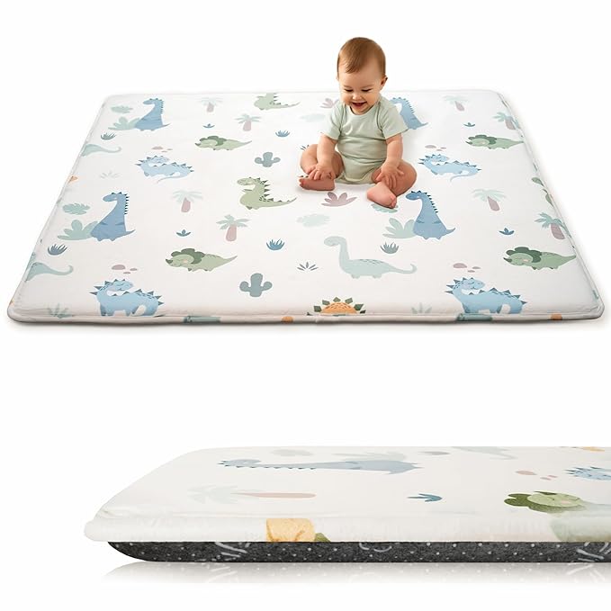 1.5" Thick Premium Baby Play Mat for Floor, 50x50 Padded Memory Foam Play Mat, Tummy Time Crawling Playmat for Nursery Playroom Classroom, Dinosaurs