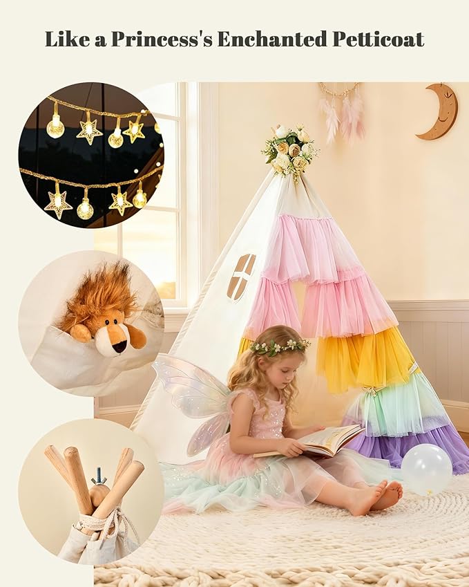Hallo Deer Teepee Tent for Kids, Toddler Teepee with Star Lights & Rainbow Tulle, Girls Princess Play Tent, Foldable Kids Teepee Tent for Inside Playhouse Kid Toy Gift