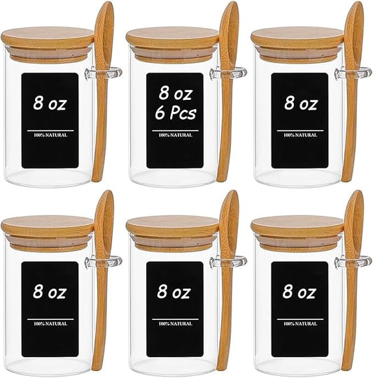ComSaf Spice Jars with Spoon 8 oz 6Pack, Small Spice Containers Starter Set, Glass Seasoning Jars with Labels, Round Seasoning Containers for Salt, Pepper, Chili Powder, Sugar, Loose Tea Storage