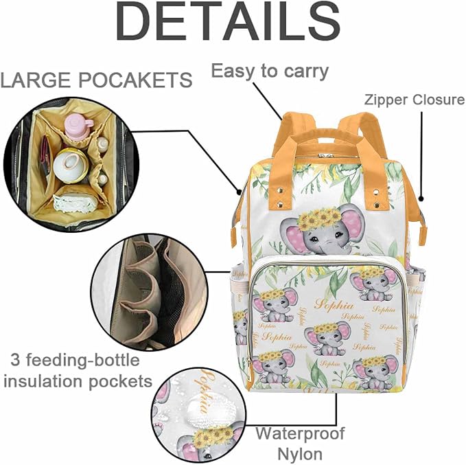 M YESCUSTOM Custom Diaper Bag Personalized Multi Name Mommy Bag Customized Cute Animal Sunflower & Plant Print Baby Bag
