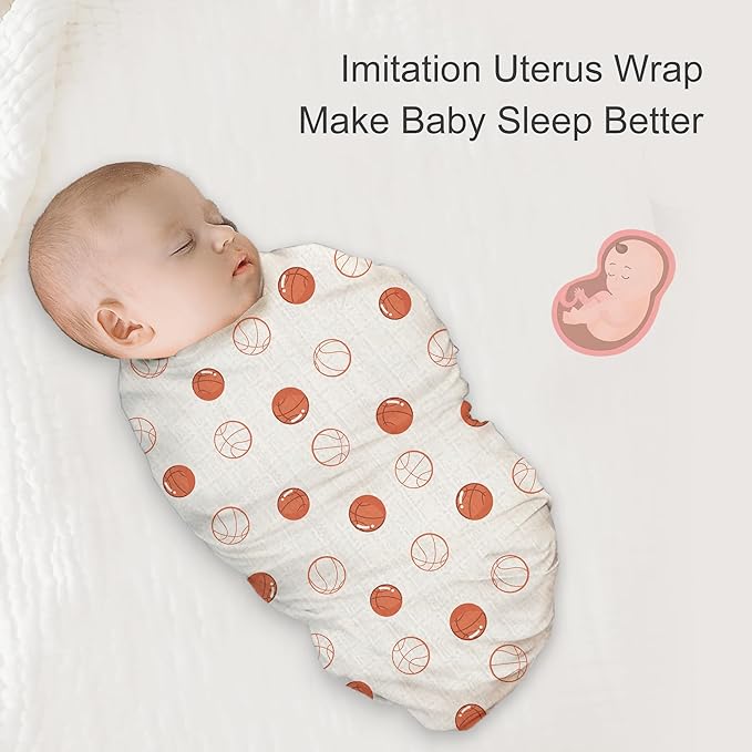 Muslin Swaddle Blankets for Newborn, 2 Pack Large 47"x47" Soft Breathable Bamboo Cotton Baby Blanket, Lightweight Receiving Blanket for Boys and Girls, Basketball Fun
