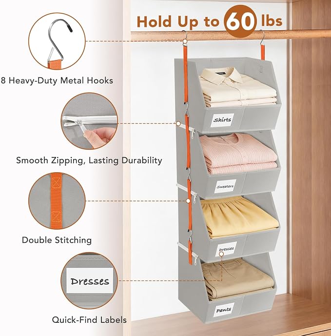 4 Pcs Modular Closet Organizer - Detachable & Foldable Hanging Storage Cubes, 88L Total Capacity, Heavy Duty Fabric Shelves for Wardrobe, Closet Organization, RV, Dorm, Grey