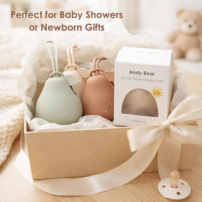 Andy Bear Silicone Pacifier Holder Case, Baby Paci Storage Case Silicone, Portable Leakproof One-Piece BPA-Free Set of 3-Ivory Sage Blue