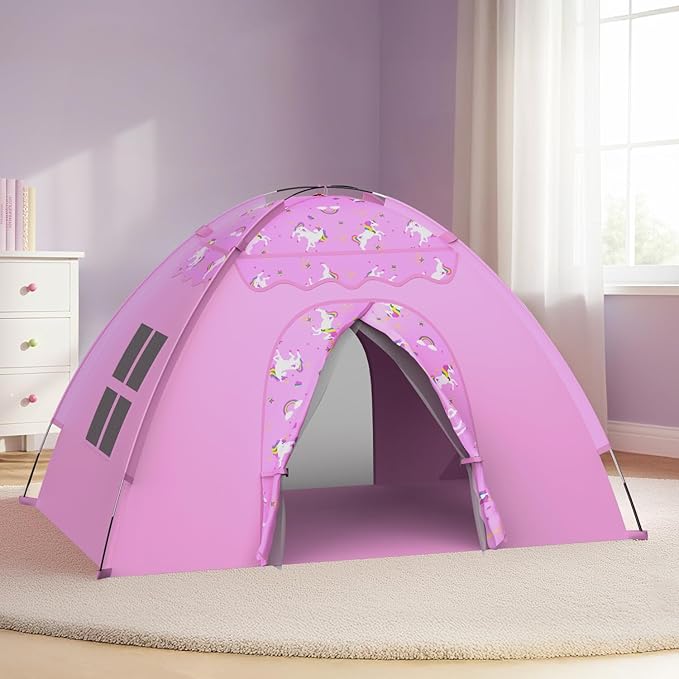 AFUNX Unicorn Play Tent for Girls Ages 4??, Extra Large Kids Indoor Play Tent 70" L x 45" W x 43" H, Lavender Pink Foldable Tent with Rainbow & Unicorn Print, Easy Setup, Fits 2?? Kids