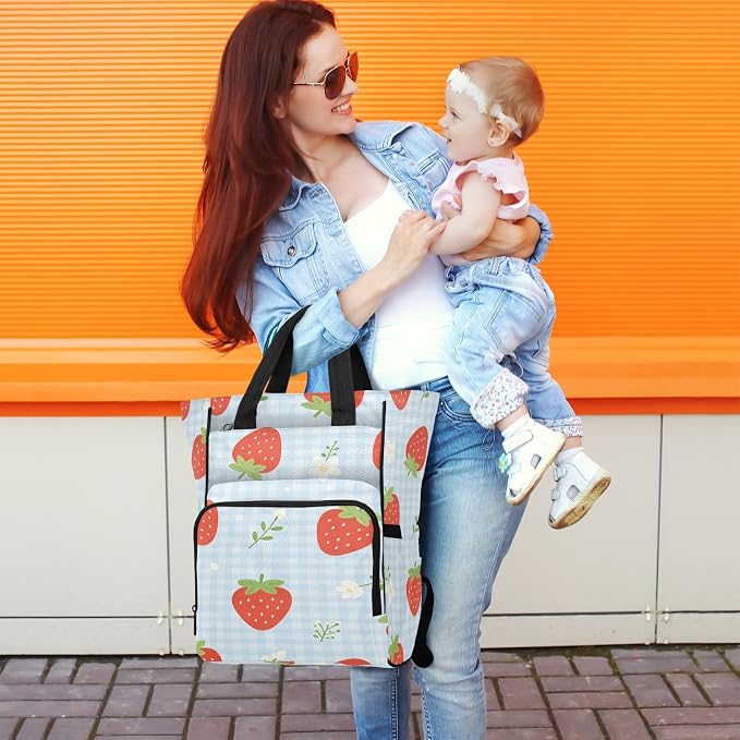 Personalized Strawberry Flower Blue Gingham Diaper Bag Insul Pockets Mom Dad