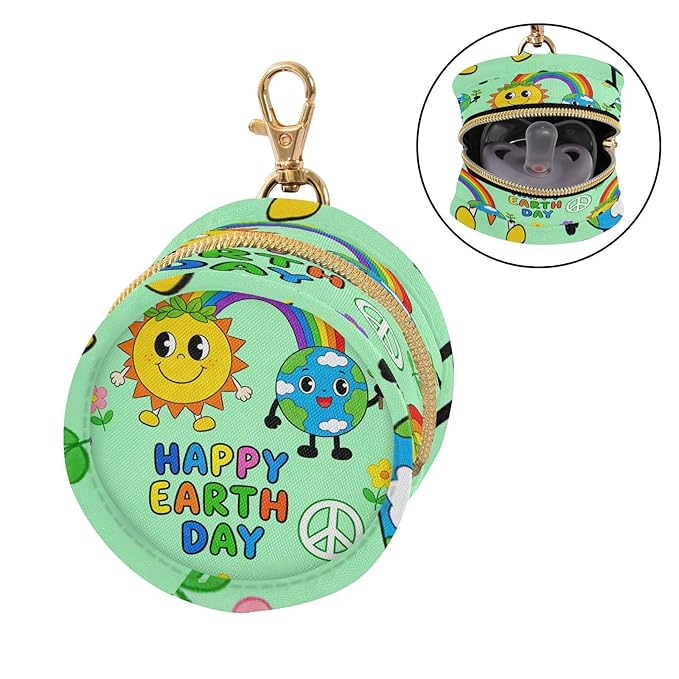 Pacifier Holder with Clip Pacifier Case for Diaper Bag Round Baby Pacifier Pouch Box Bag Portable Earth Sun Rainbows Green