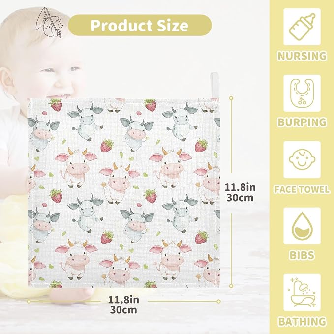 vvfelixl Baby Muslin Washcloths Cow Pink Cartoon Strawberry Baby Burp Cloths Cotton Babys Face Towel for Newborn Infants Boys Girls Soft and Absorbent 11.8 X 11.8 in, 3 Pack