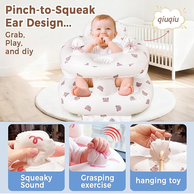 Inflatable Baby Seat for Babies 3-36 Monthsï¼?Squeaky Sound & Anti-Fall Design] Inflatable Chair with Sound-Making Ears, Baby Seat for Sitting-Up Practice, Built-in Air Pump (Ear Bear)