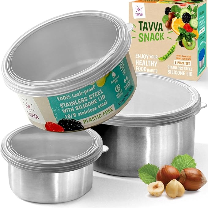TAVVA Kids Snack Containers for School [12oz/ 7oz/ 3oz] - Stainless Steel Lunch Containers for Kids - Stainless Steel Lunch Box for Kid - Leakproof with Silicone Lids - Dishwasher & Freezer Safe