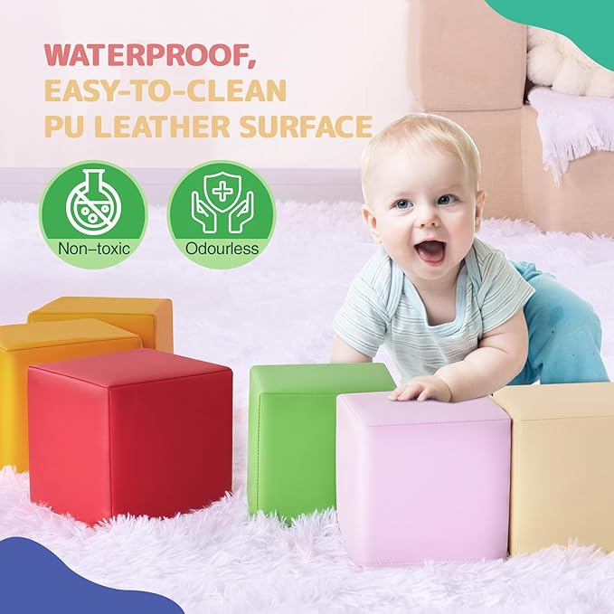 Foam Building Blocks for Kids: 12-Pieces PU Leather Colorful Foam Blocks - Building Toys for Toddler - Giant Stacking Blocks Toys - Soft Indoor Playset for Birthday Gift Preschool Learning (Classic)