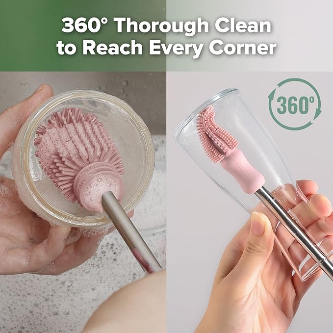 Haakaa Silicone Cleaning Brush Kit - Baby Bottle Brush Cleaner for Breast Pump,Nipple,Breast Milk Storage Bag,Reusable Straw,Sippy Cup - Food Grade Silicone Bristles, Portable - 3 Pcs - Pink