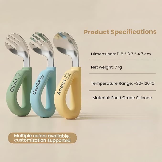 Personalized Baby Self-Feeding Utensils Set - Custom Engraved Name Toddler Spoon and Fork, Food-Grade Silicone Easy-Grip Triangular Handle Infant Training Cutlery for 6 Months+