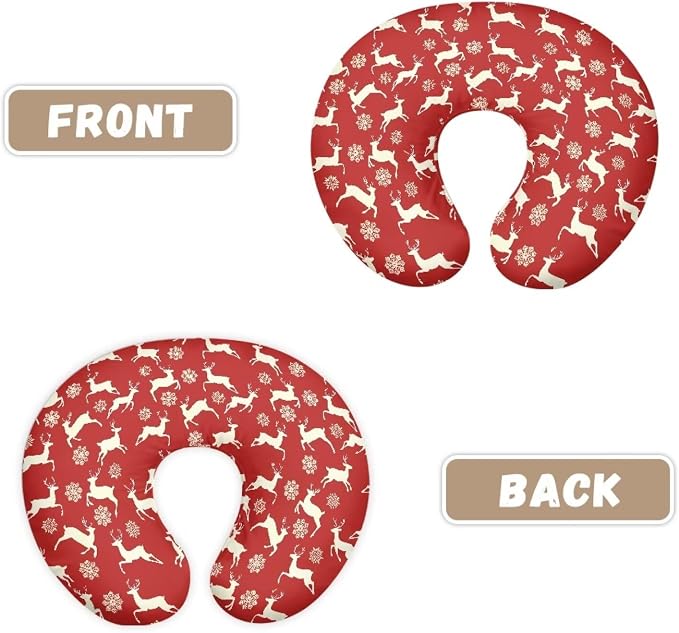 Red Christmas Elk Snowflake Nursing Pillow and Positioner Detachable Newborn Original Breastfeeding Slipcover Case U-Shaped Head Support Protector Cushion Essential with Hidden Zipper