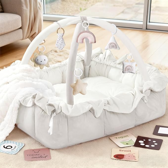 Mallify 5-in-1 Plush Baby Play Gym, Baby Play Mat, Convertible Baby Gym with Blanket and 6 Toys, Tummy time mat, Baby Activity Center from Newborn to Toddler,Baby Gym,Ball Pit,Newborn Essentials,White