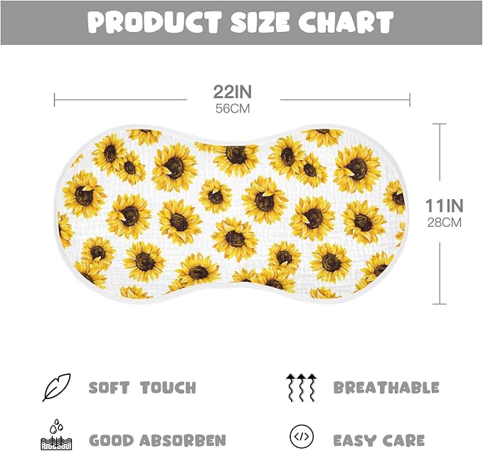 Muslin Burp Cloths for Baby Boys and Girls - 1-Pack Ultra Absorbent Sunflower Muslin Washcloths, Newborn Towel, Milk Spit Up Rags, Burp Cloth Bib for Unisex, 22 x 11 Inch