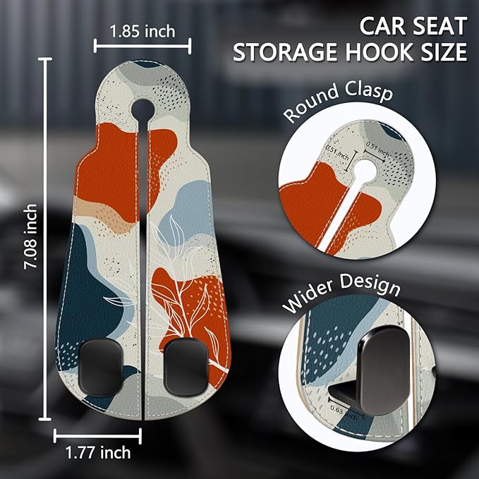 Blusabaca 2PCS Car Seat Back Storage Headrest Hooks, Abstract Leaves Purse Holder Bags Hanger, PU Leather Double Metal Hook for Backseat Organizer, Women Car Accessories Organization