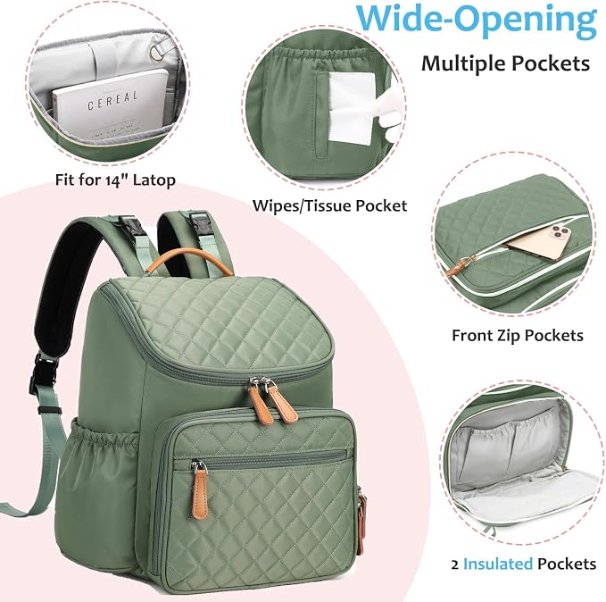 LORADI Lightweight Diaper Bag Backpack with Stroller Clips, Insulated Pockets, Baby Shower Essentials, Green