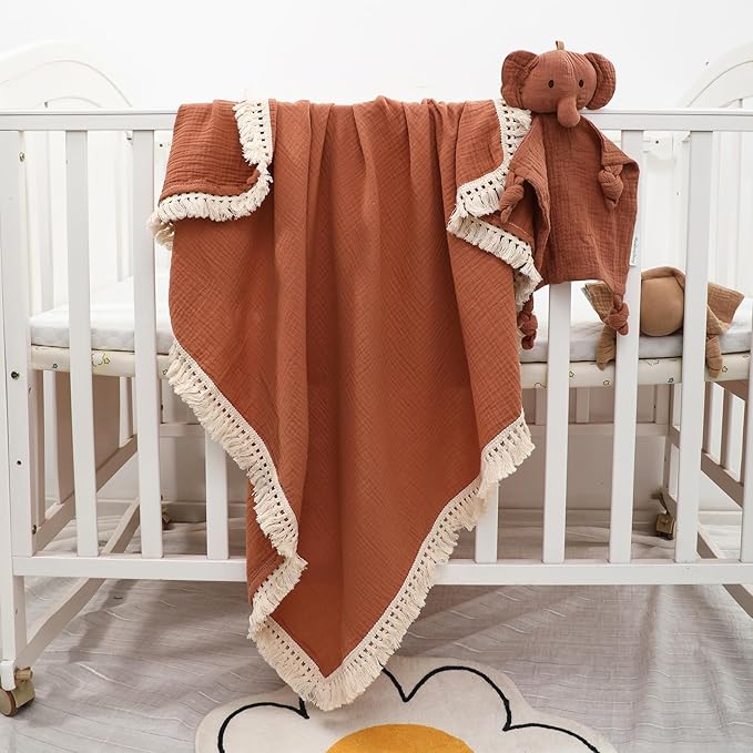 Baby Lovey - Cotton Muslin Security Blanket with Tassel for Newborns Elephant Lovey for Babies Soft Nursing Cover Breathable Nursery Decor, 47"x47" (Brown)