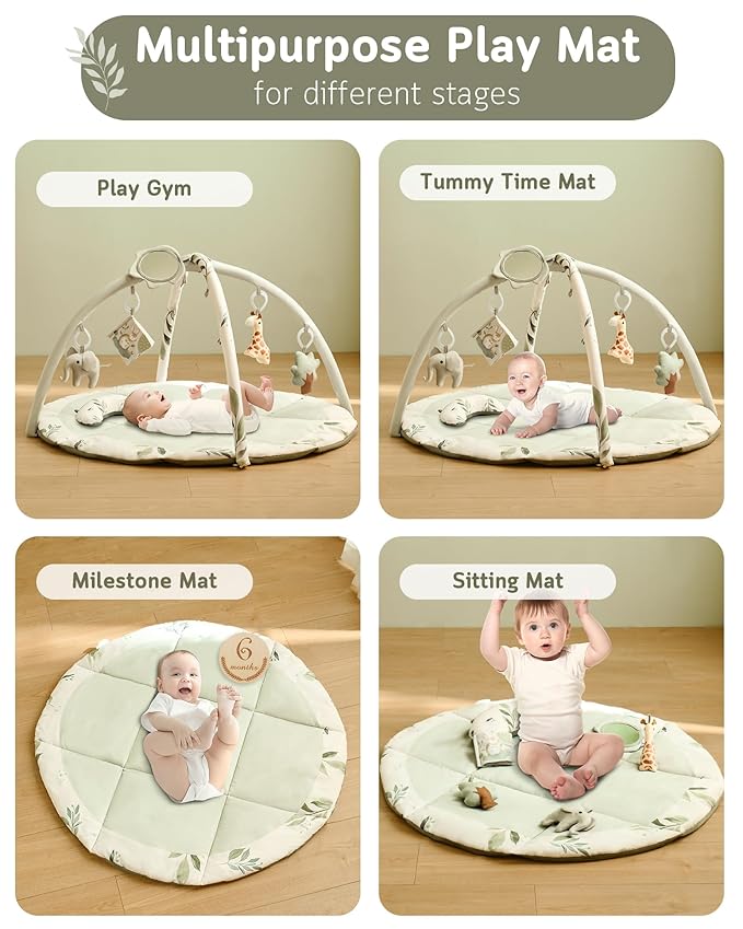 Fortella Baby Play Gym & Activity Mat, Machine Washable & Foldable Tummy Time Mat with 5 Detachable Toys, Certified Safe Newborn Essentials Gift for Baby Registry 0-12 Months (Sage Green)