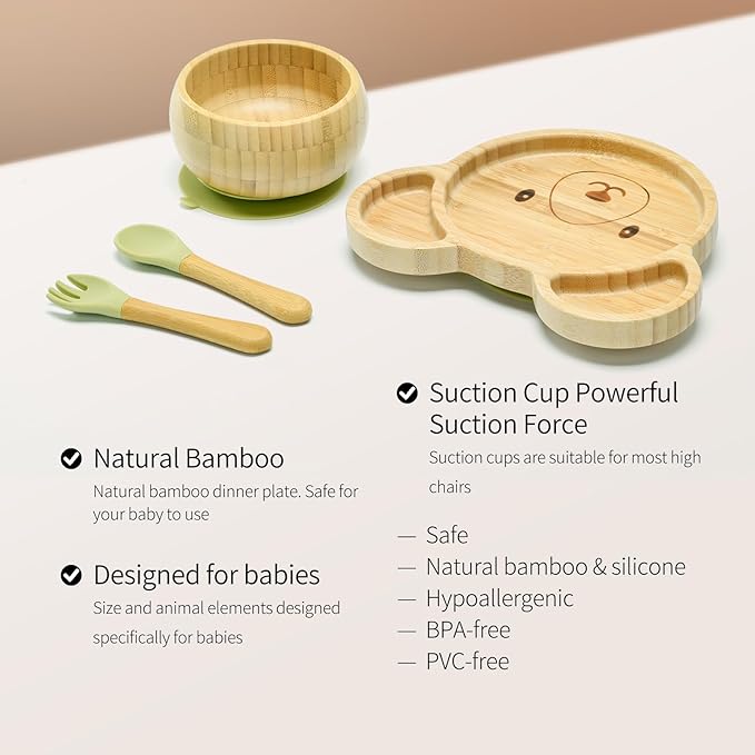 Bamboo Suction Plates Bowls Setfor Baby Toddler Divided Platter Food bowl with Silicone Fork & Spoon All-Natural Baby Feeding Set, Kids Feeding Essentials