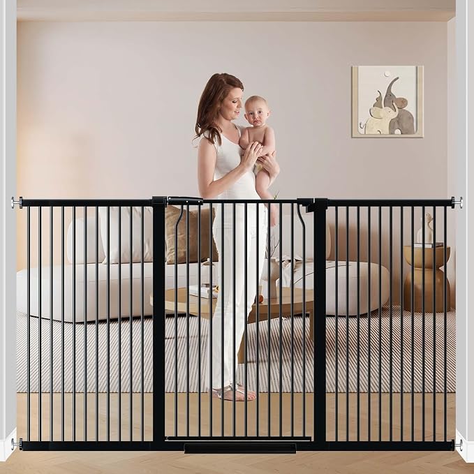65.7"-72.2" Extra Wide Baby Gate, 40.5" Tall Dog Gate Indoor,Walk Through Pet Gates for Doorways Kitchen No Drilling Auto Close Pressure Mounted Safety Child Toddler Gate, Black