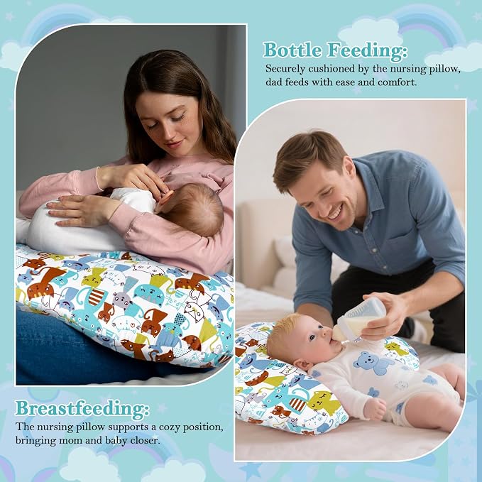 Nursing Pillow - Breastfeeding Pillow with Breathable Filling & Removable Cover, Ergonomic Support for Breastfeeding & Bottle (Blue Cat,0-12 Months)