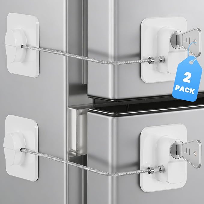 2 Pack Mini Fridge Lock, Child Proof Cabinet Lock with 2 Keys, Upgraded Refrigerator Locks Baby Proofing for Freezer, Cabinets, Drawers, Air Fryer, Closets, Windows and Doors, NO DRILLING