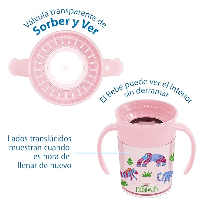 Dr. Brown's Milestones Cheers 360 Spoutless Transition Cup with Handles, Travel Friendly and Leak Free Sippy for Babies and Toddlers, Pink Animals, BPA-Free, 7 oz/200 mL, 6m+, 1-Pack