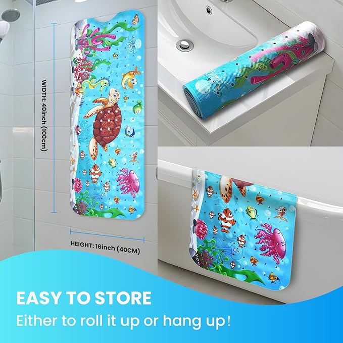 Linoows Baby Bath Tub Mat, 40 x 16 Inch Extra Large Non Slip Kids Cartoon Bathtub Shower Mats with Suction Cups & Drain Holes, Machine Washable for Bathroom, Undersea Sea Turtle
