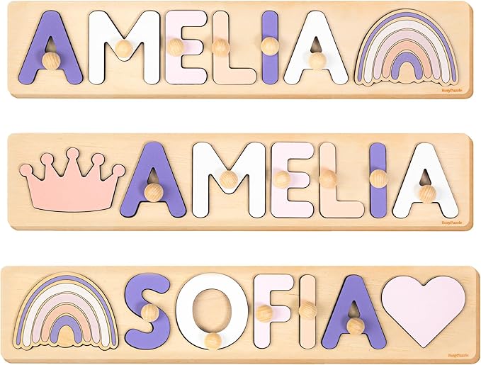 Personalized Name Puzzle Montessori Toys Nursery Decor Customized Puzzle Educational Toy for a 1 Year Old Gifts Kids Name Sign for Nursery Easter Present for Baby (Purple Pink)