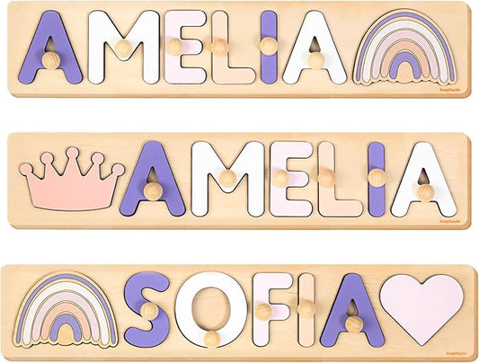 Personalized Name Puzzle Montessori Toys Nursery Decor Customized Puzzle Educational Toy for a 1 Year Old Gifts Kids Name Sign for Nursery Easter Present for Baby (Purple Pink)