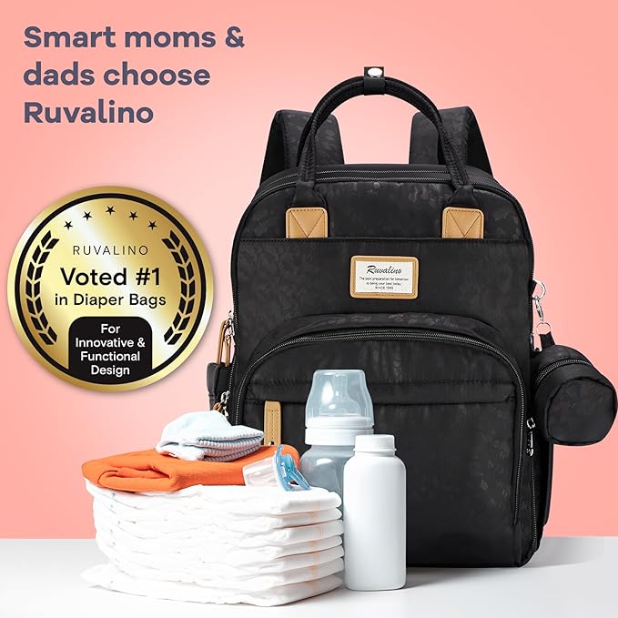 RUVALINO Diaper Bag Backpack-Multifunction Baby Travel Bag with Changing pad, Insulated Bottle Holders & Pacifier Case, Large Capacity, Waterproof, Black Leopard