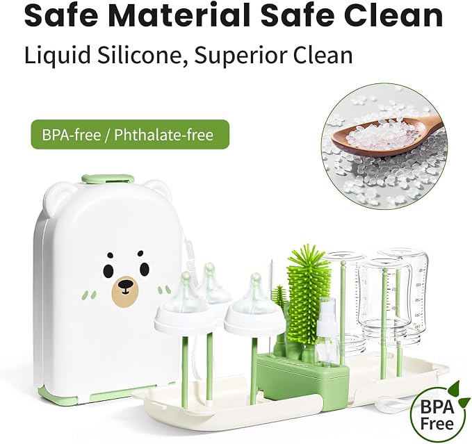 LEQXGO Travel Baby Bottle Cleaner Kit with Storage Case, 7-in-1 Baby Bottle Brush Set with Drying Rack for Breast Pump Parts, Bottle Washing Kit - Baby Travel Essential for Flying & On-the-Go (Green)