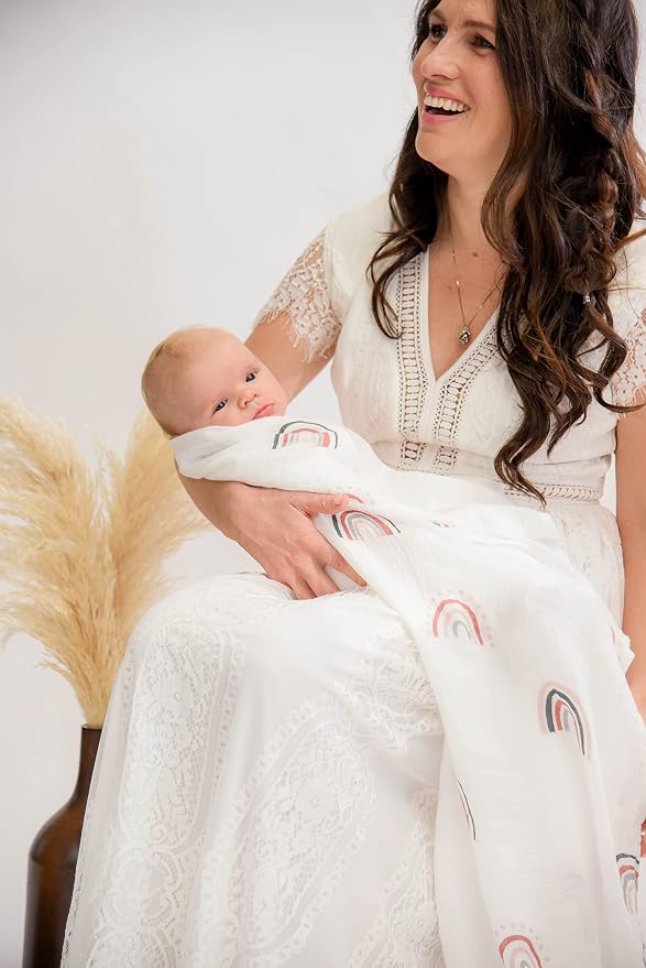 Baby Swaddle Blanket - 2 Pack | Boho Rainbows + Raindrops Set | Muslin Cotton Blend | Newborn Essentials | Boys & Girls Baby Stuff | Receiving Blanket | Rainbow Baby |