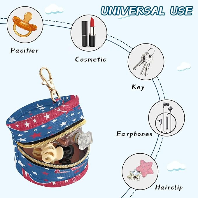 Pacifier Holder with Clip Pacifier Case for Diaper Bag Round Baby Pacifier Pouch Box Bag Portable July 4th T-rex and Us Flag Stars