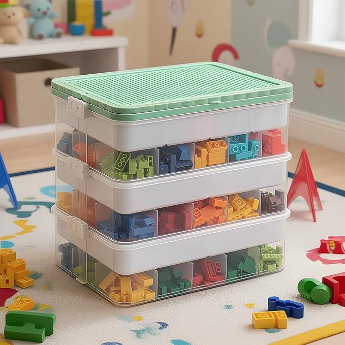 joyingbaby Toys Storage Organizer Bins for Lego Stackable Toys Organizer Lego Building Block Storage (Green, 3 layers)