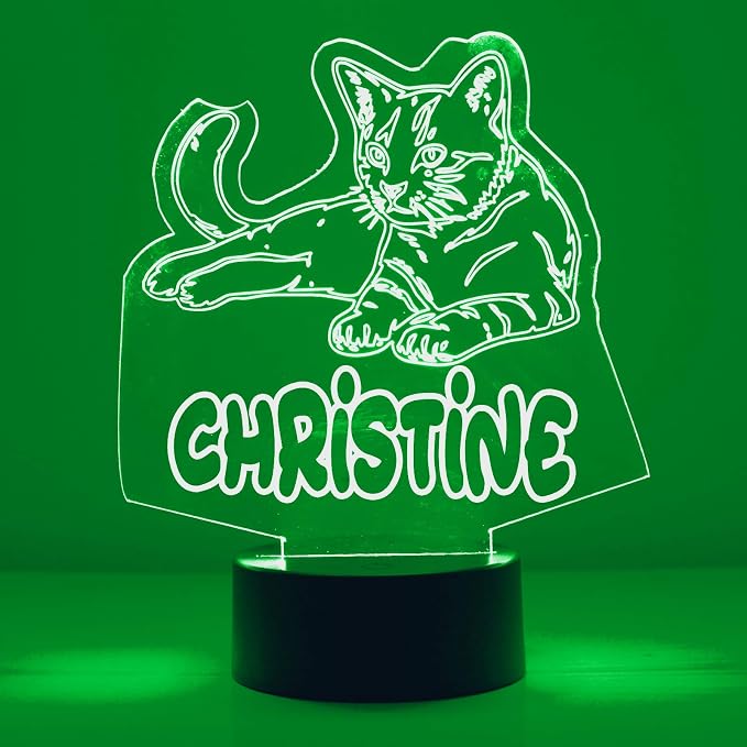 Personalized Kitty Cat LED Sign Night Light Lamp with Remote, Custom Text, Acrylic Display with 16 Colors & 4 Modes, Battery or USB Power, Made in The USA