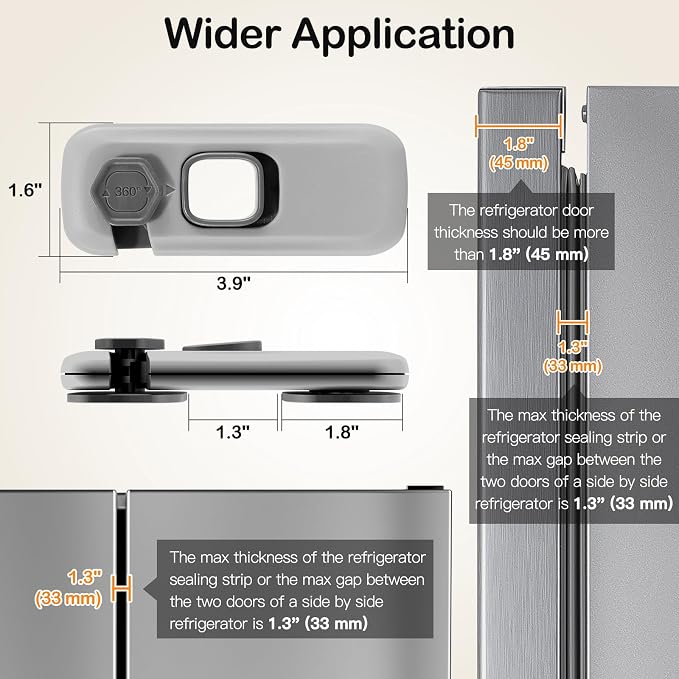 Child Proof Refrigerator Lock for Kids, 2 Pack Baby Safety Fridge Locks for Kids, No Tools Need or Drill Freezer Latch to Keep Door Closed for Residential Garage Fridge or Camper RV Refrigerator, Gray