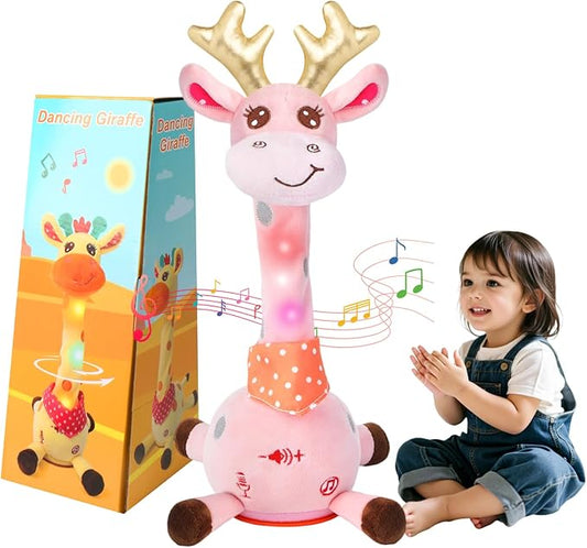 MILGEI Dancing Talking Giraffe Toy, Singing Musical Tummy Time Baby Toy with Volume Adjustment, 10 Children's Songs Light Up Toys, Repeating What You Say, Pink Giraffe Stuffed Animal for Girls Boys