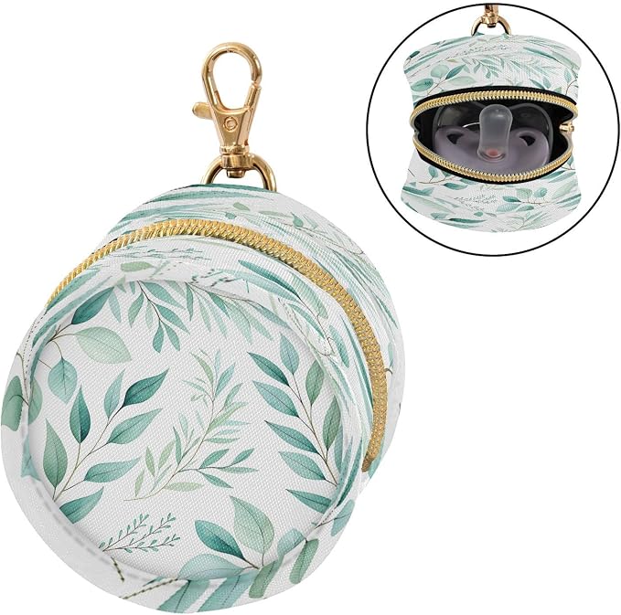 Watercolor Botanical Leaf Pacifier Holder Case with Clip Portable Small Travel Pacifier Pouch for Mom Bag Zipper Coin Purse Pendant